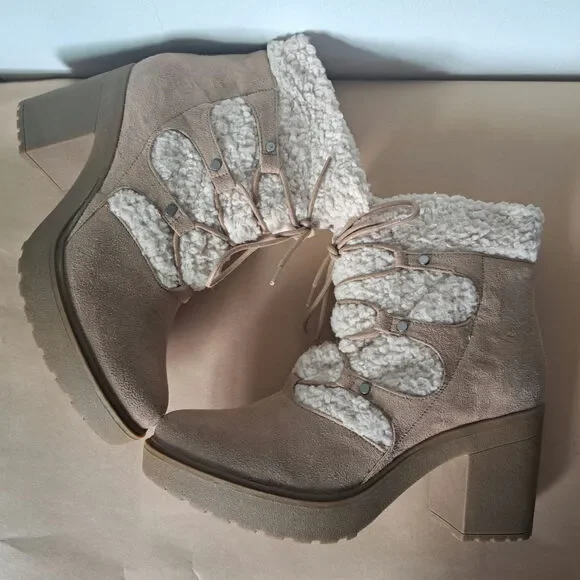 Madden NYC Taupe Lace Boot With Faux Fur Size 10 - Picture 3 of 9